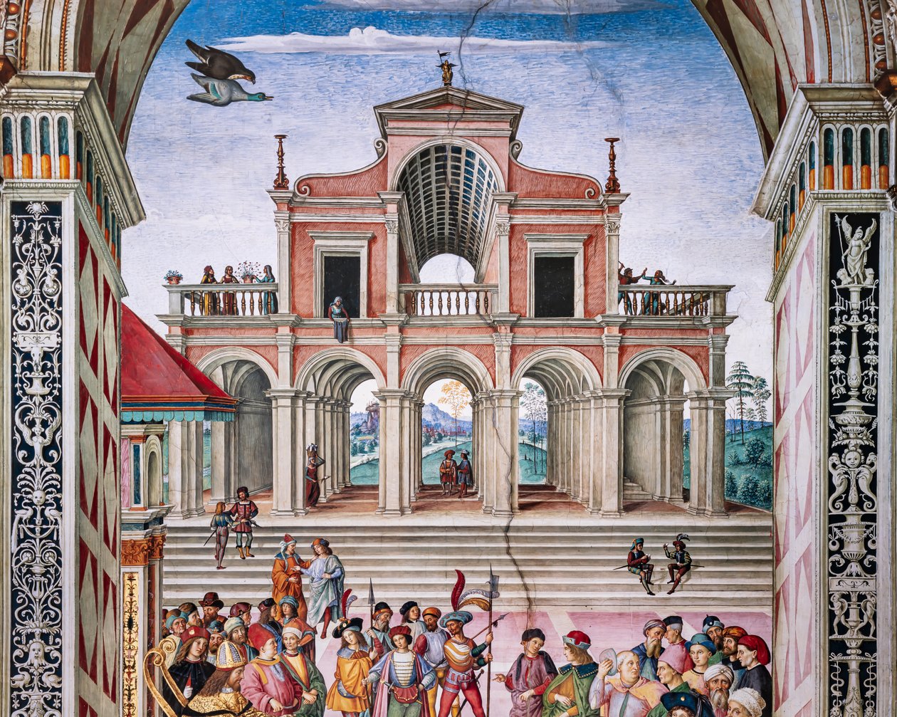 Piccolomini-biblioteket, nordöstra väggen: "Aeneas Sylvius kröns till poetpristagare av kejsaren Frrederick III, 27 juli av Bernardino di Betto Pinturicchio