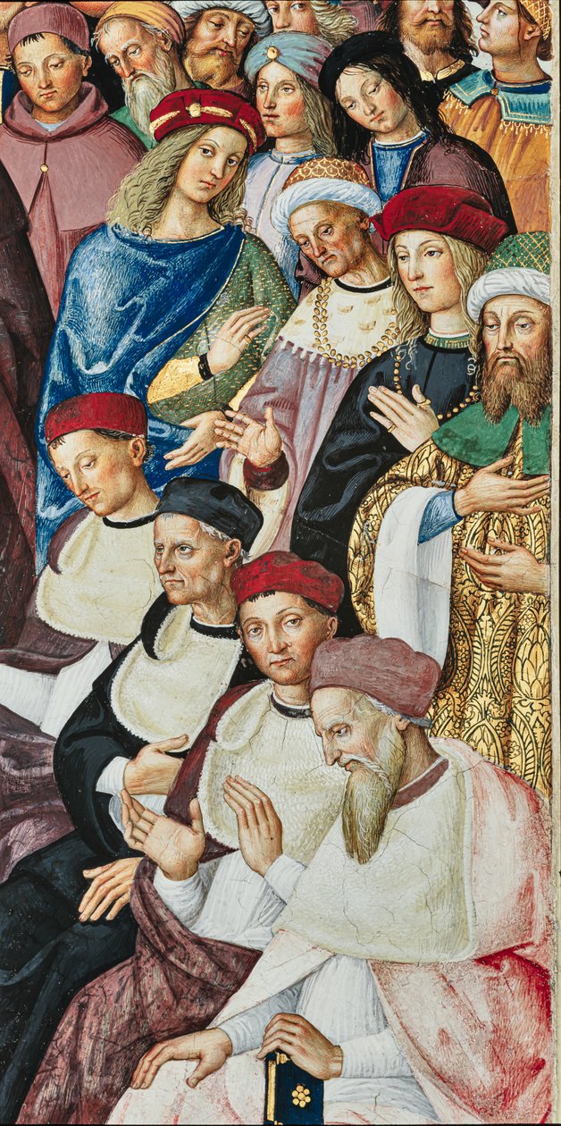 Piccolominibiblioteket, sydöstra väggen: "Aeneas Sylvius tar emot kardinalens hatt från påven Calixtus III, den 17 december av Bernardino di Betto Pinturicchio