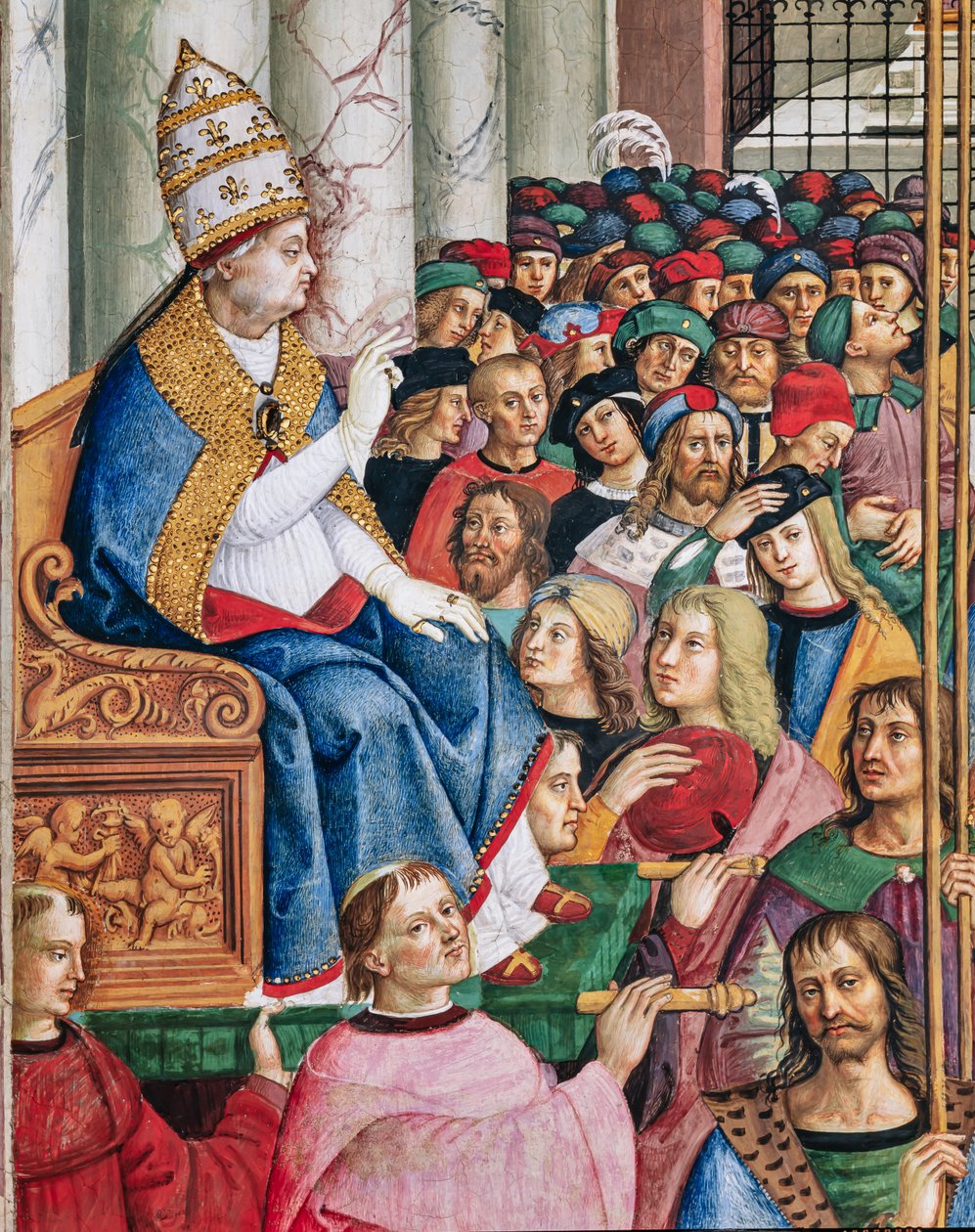 Piccolominibiblioteket, sydvästra väggen: "Aeneas Sylvius, vald påve med namnet Pius II, går in i St. Peters den 3 september av Bernardino di Betto Pinturicchio