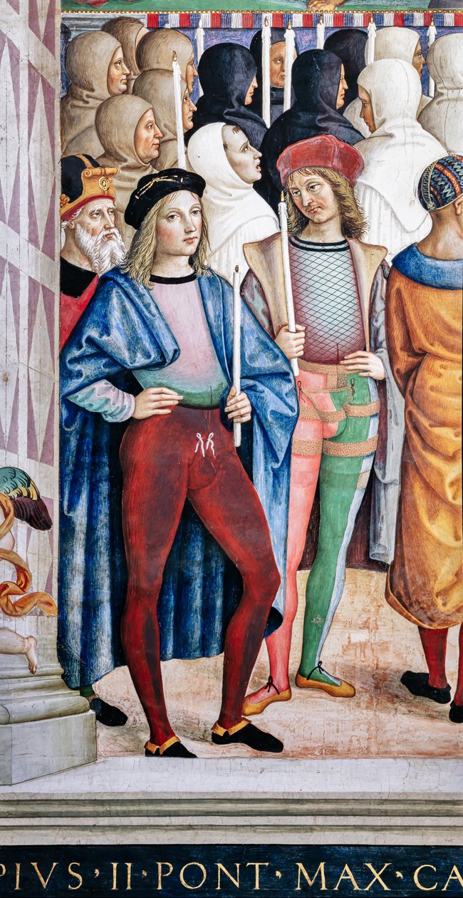 Piccolominibiblioteket, sydvästra väggen: “ Pius II helgonförklarar St. Katarina av Siena, 29 juni av Bernardino di Betto Pinturicchio