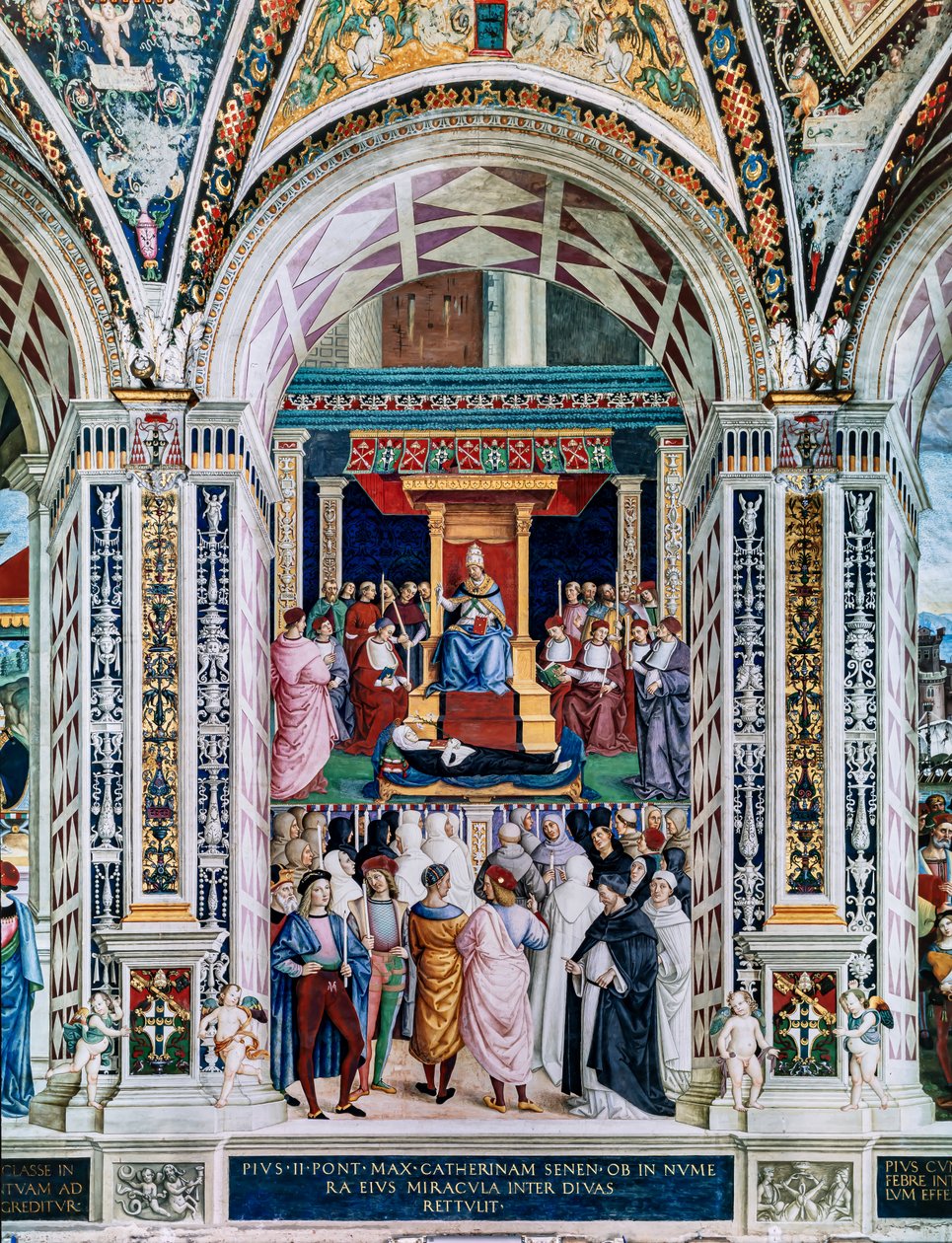 Piccolominibiblioteket, sydvästra väggen: “ Pius II helgonförklarar St. Katarina av Siena, 29 juni av Bernardino di Betto Pinturicchio