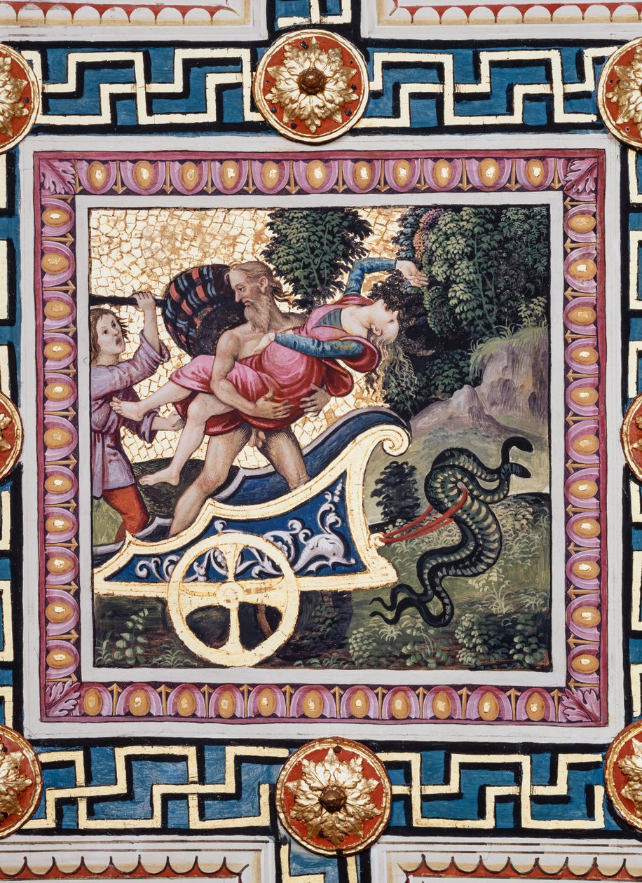 Piccolomini-biblioteket, taket: "Våldtäkten av Proserpina", fresk av Bernardino di Betto, känd som Pinturicchio. I panelen rusar Pluto iväg i sin vagn, Proserpine traskar runt i hans famn och en av gudinnans följeslagare hotar Pluto w av Bernardino di Betto Pinturicchio