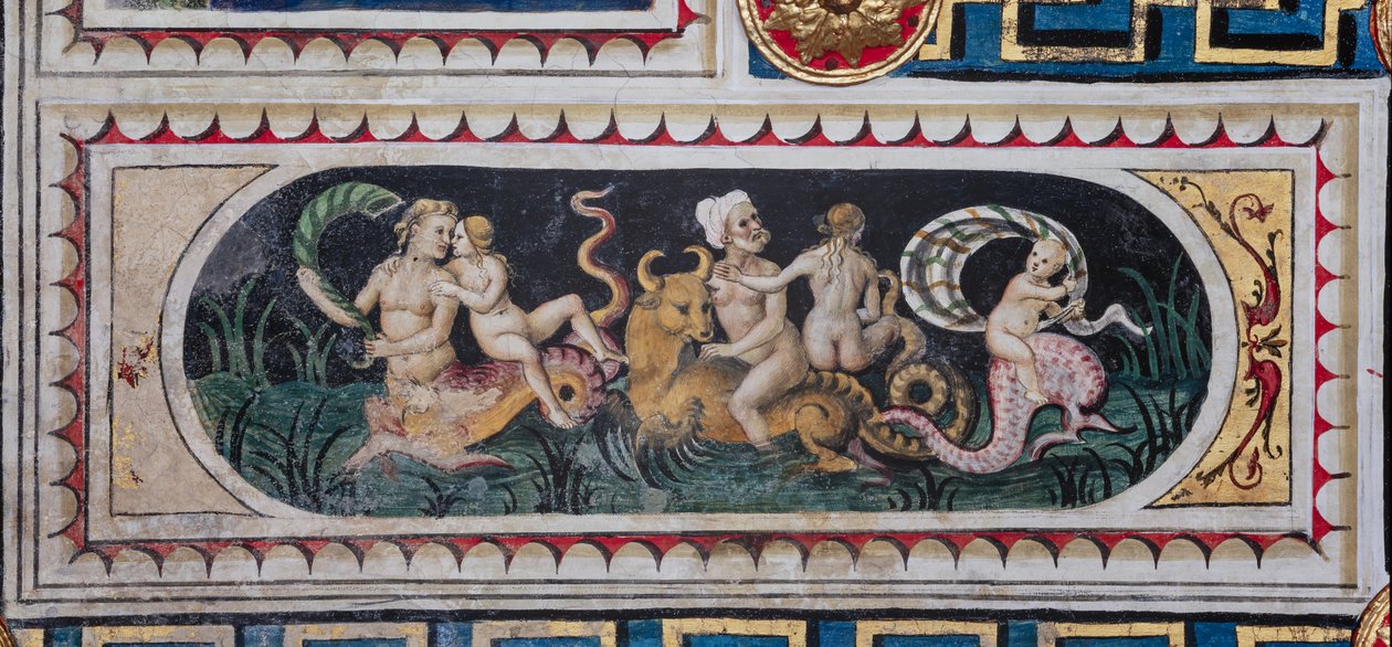 Piccolominibiblioteket, taket: mindre panel med scen av maritima thiasus (tritons, putto och en nereid), fresk av Bernardino di Betto, känd som Pinturicchio. av Bernardino di Betto Pinturicchio