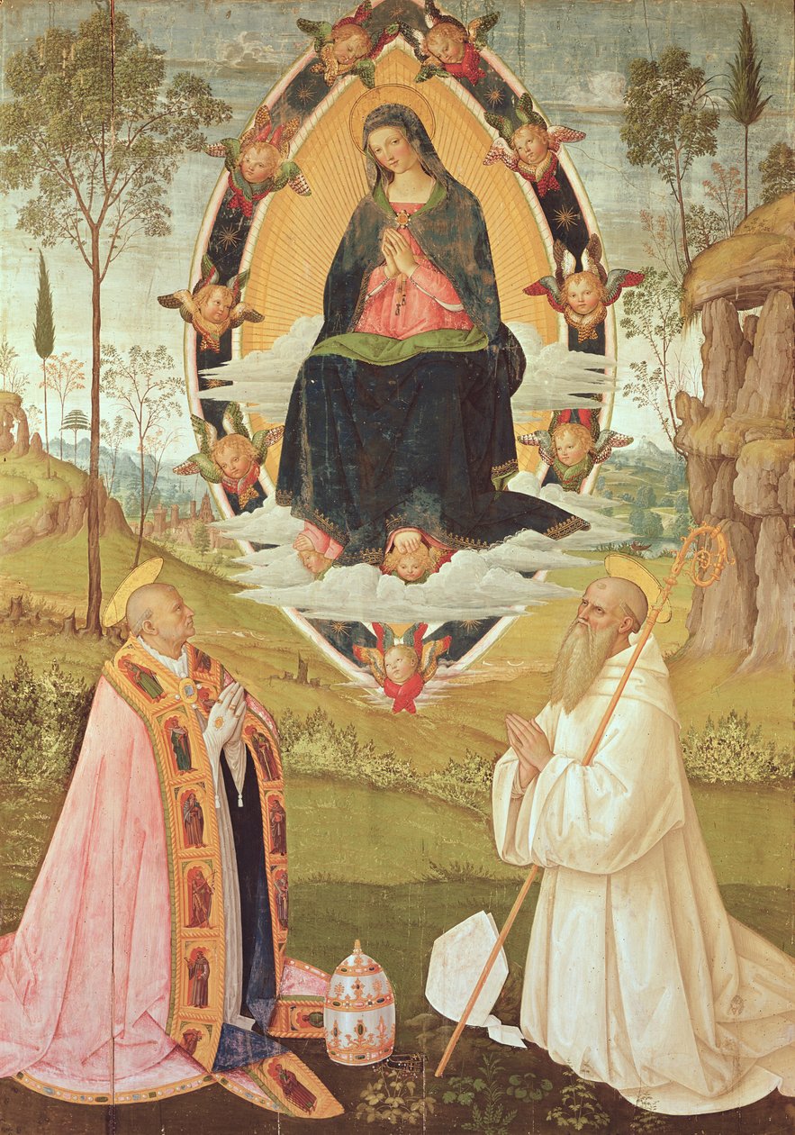 Virgin in Glory med St. Gregory och St. Benedict (tempera på panel) av Bernardino di Betto Pinturicchio