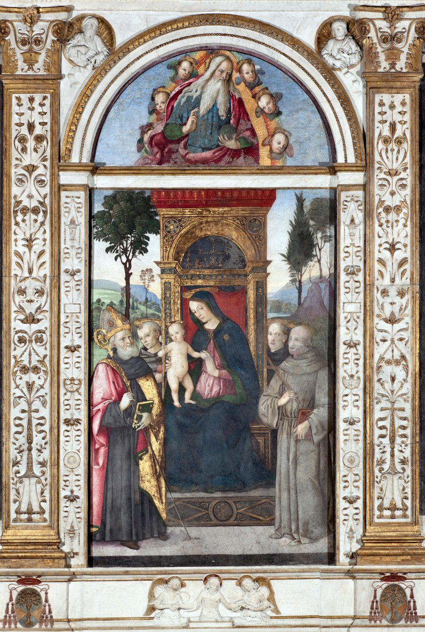 Jungfru med barn och den helige Augustinus, den helige Franciskus och den helige Antonius av Padua - Fresk av Pinturicchio (Bernardino di Betto) (1454-1513) 1484-1492 Rom, Basilica di Santa Maria del Popolo (Kyrkan Santa Maria del Popolo), Chapel Basso del av Bernardino di Betto Pinturicchio