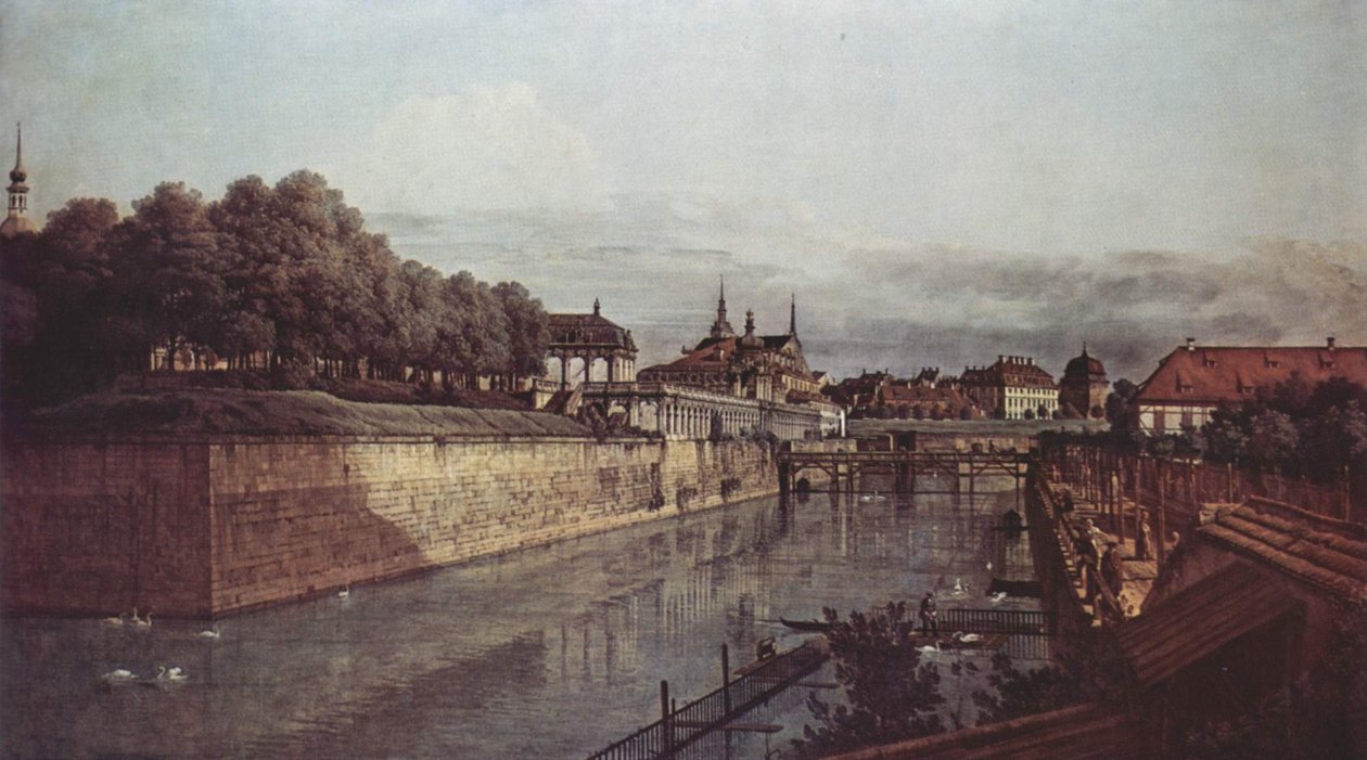 Ansicht von Dresden, Der alte Wassergraben des Zwingers, von der Orangerie Richtung Stadt aus gesehen av Bernardo Bellotto