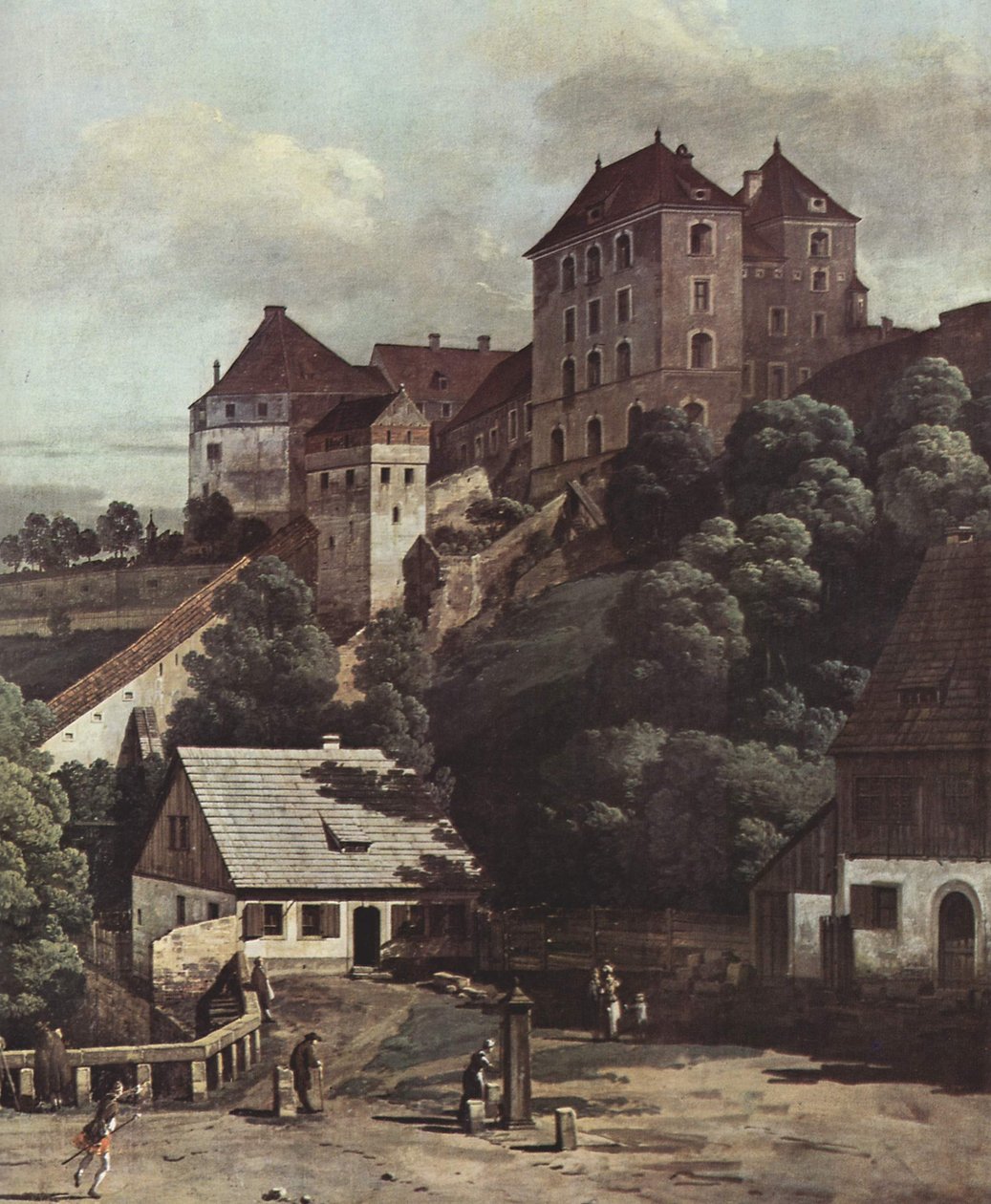 Ansicht von Pirna, Pirna von der Südseite aus gesehen, mit Befestigungsanlagen und Obertor (Stadttor) sowie Festung Sonnenstein av Bernardo Bellotto