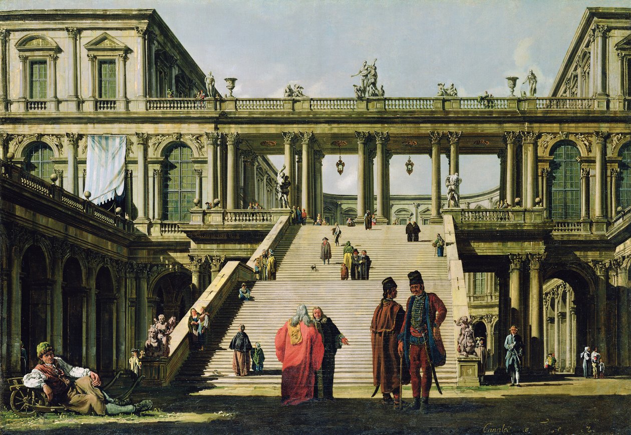 Idealiskt landskap med palatstrappor, 1762 av Bernardo Bellotto
