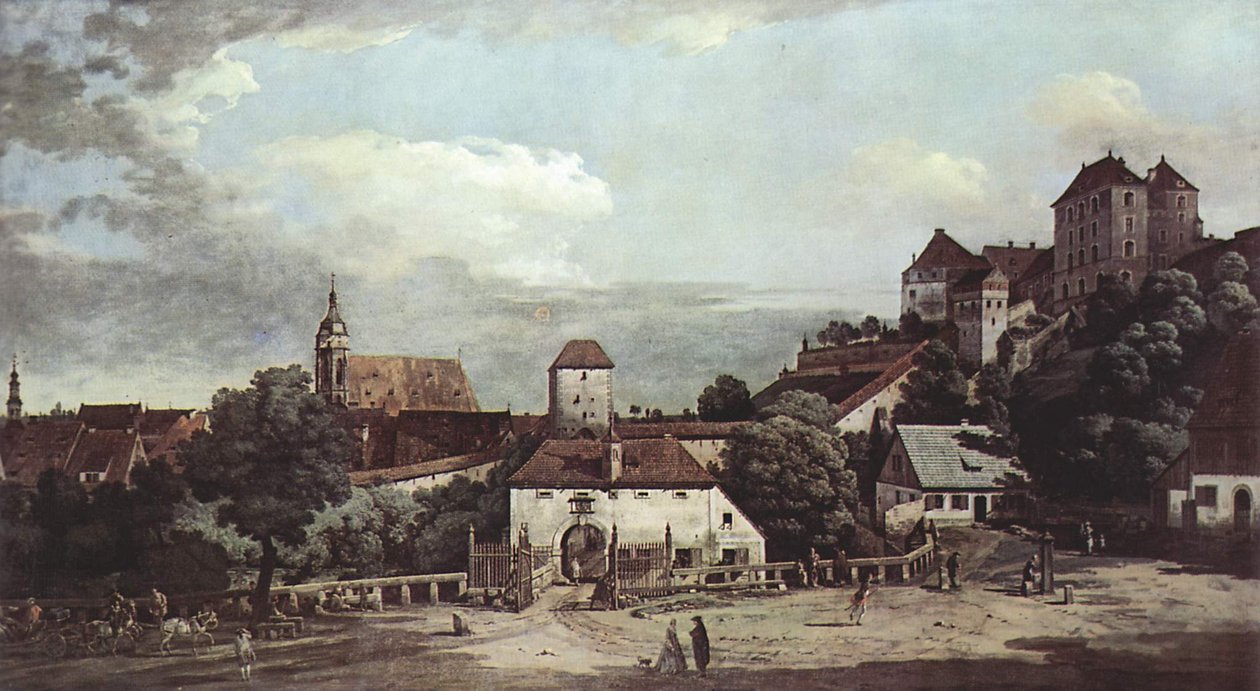 Pirna von der Südseite aus gesehen, mit Befestigungsanlagen und Obertor  av Bernardo Bellotto