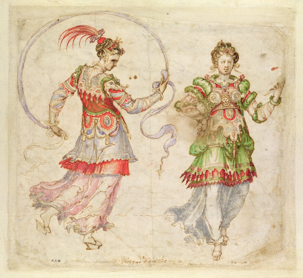 Design för kostymer, troligen i det florentinska Intermezzi, Florens, 1589 av Bernardo Buontalenti