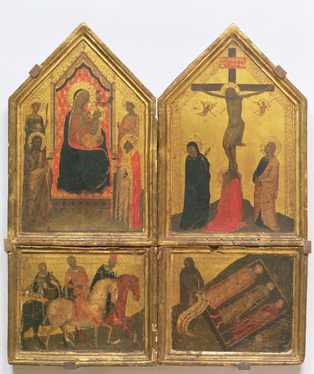 Madonna och barn med heliga, korsfästelsen och legenden om de tre levande och de tre döda (tempera på panel) av Bernardo Daddi