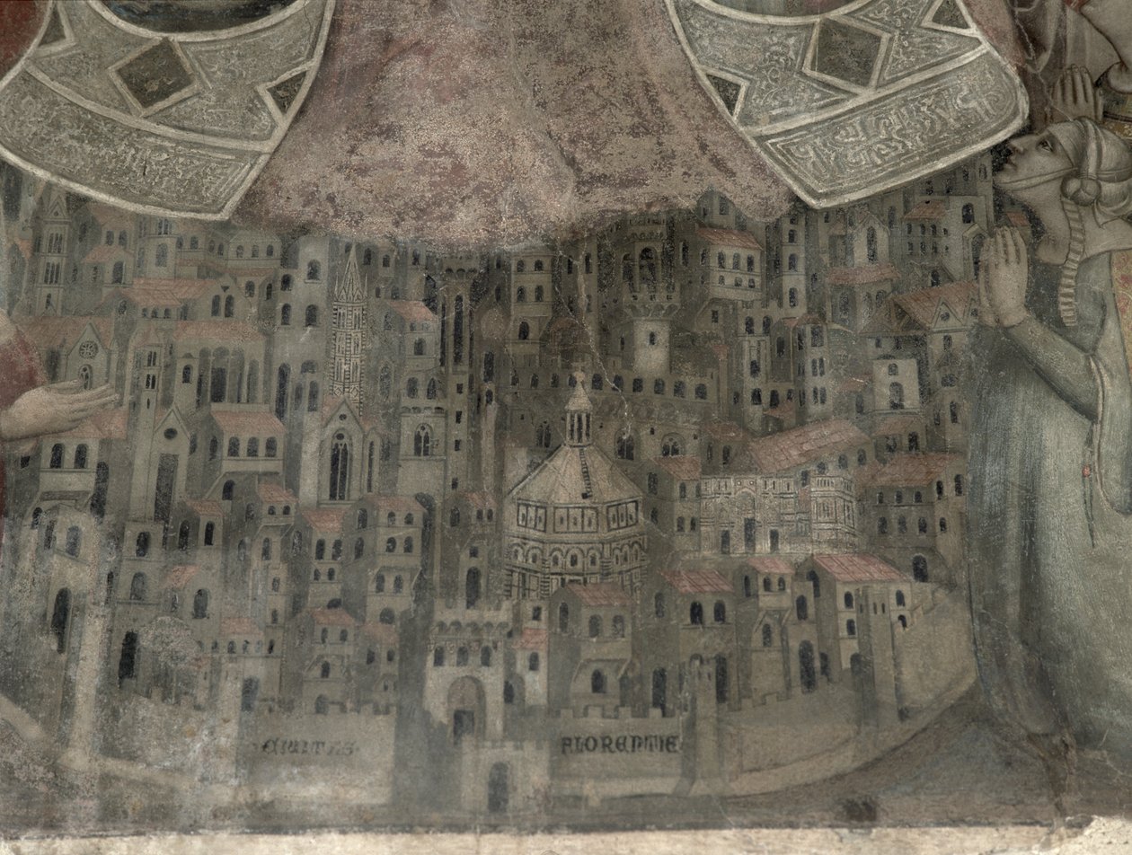 Madonna della Misericordia med utsikt över Florens, 1342 (tempera på panel) (detalj) av Bernardo Daddi