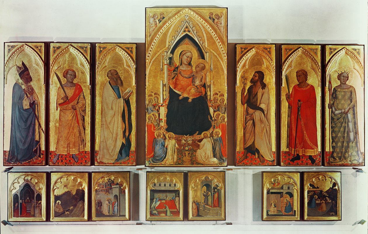 Jungfrun och barnet med heliga, nedbruten polyptyk (tillsammans panelerna och delarna av predella: utvisning av Joachim från templet, tillkännagivandet av ängeln till Joachim, mötet en av Bernardo Daddi