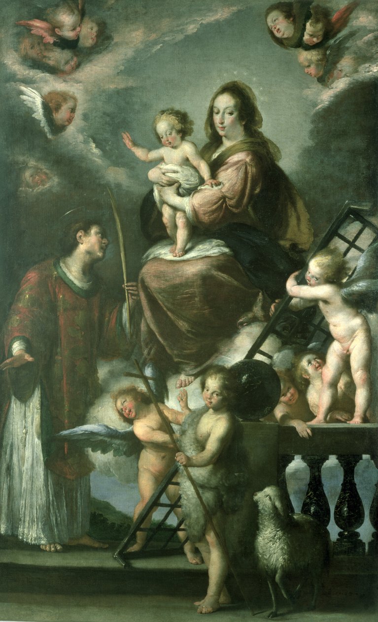 Madonna och barn med spädbarnet St. John the Baptist och St. Lawrence and Angels, 1629 av Bernardo Strozzi