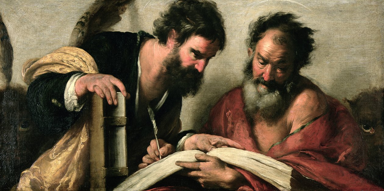 De heliga Johannes evangelisten och Markus diskuterar sina skrifter av Bernardo Strozzi