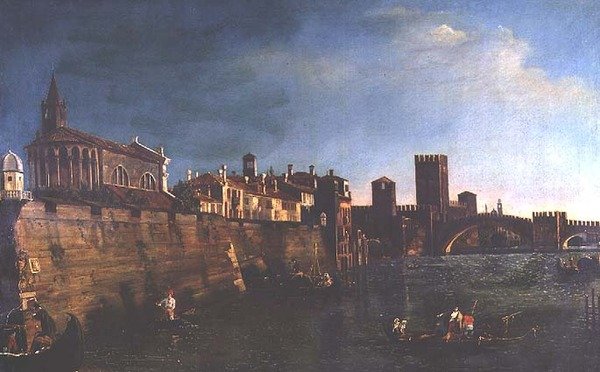 Utsikt över Verona med Castello Vecchio och Ponte Vecchio (olja på duk) av Bernardo (manner of) Bellotto
