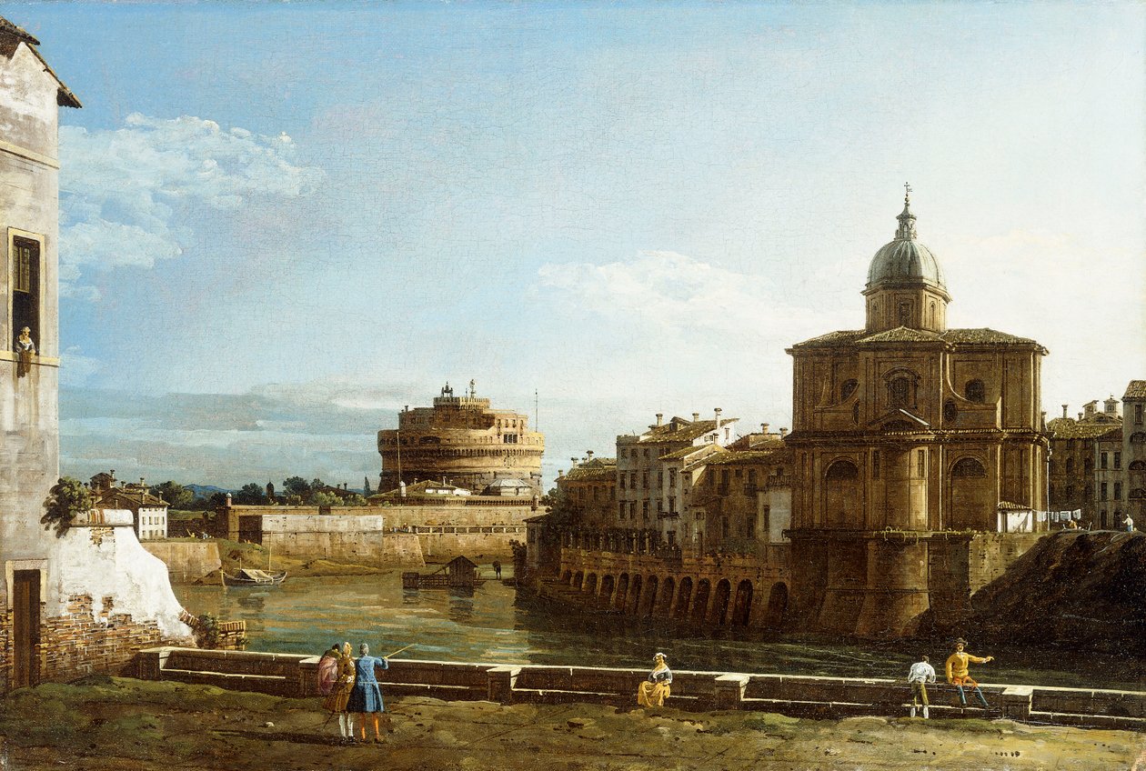 En utsikt över Rom längs Tibern, med kyrkan San Giovanni dei Fiorentini bortom, av Bernardo Bellotto