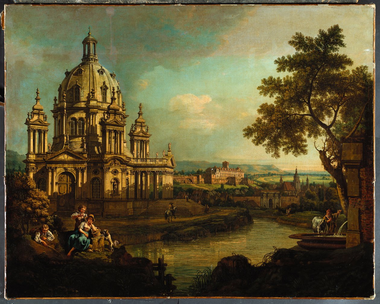En capriccio med en kupolformad kyrka och byggnader i Pirna, ca 1765 av Bernardo Bellotto