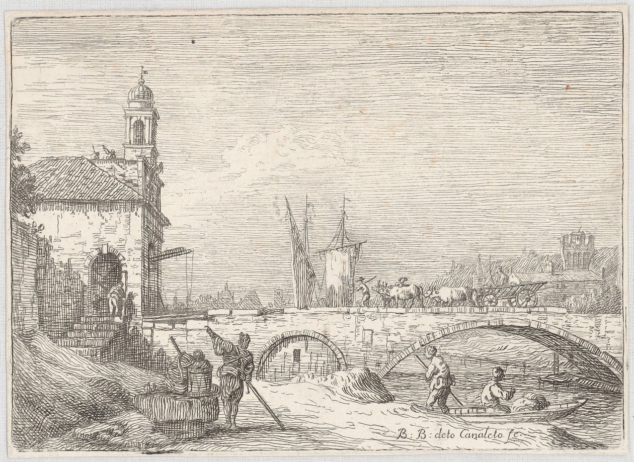 Capriccio med en bro och en portbyggnad i stil med Porta Portello i Padua av Bernardo Bellotto
