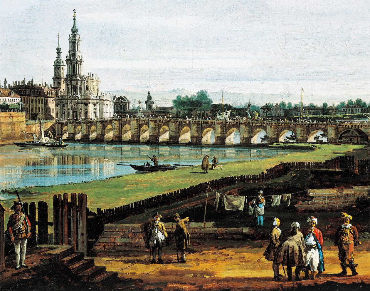 Dresden från Elbes högra strand uppströms från Augustusbron, omkring 1750, av Bernardo Bellotto, känd som Canaletto (1721-1780), olja på duk, 50x84 cm, Detalj av Bernardo Bellotto