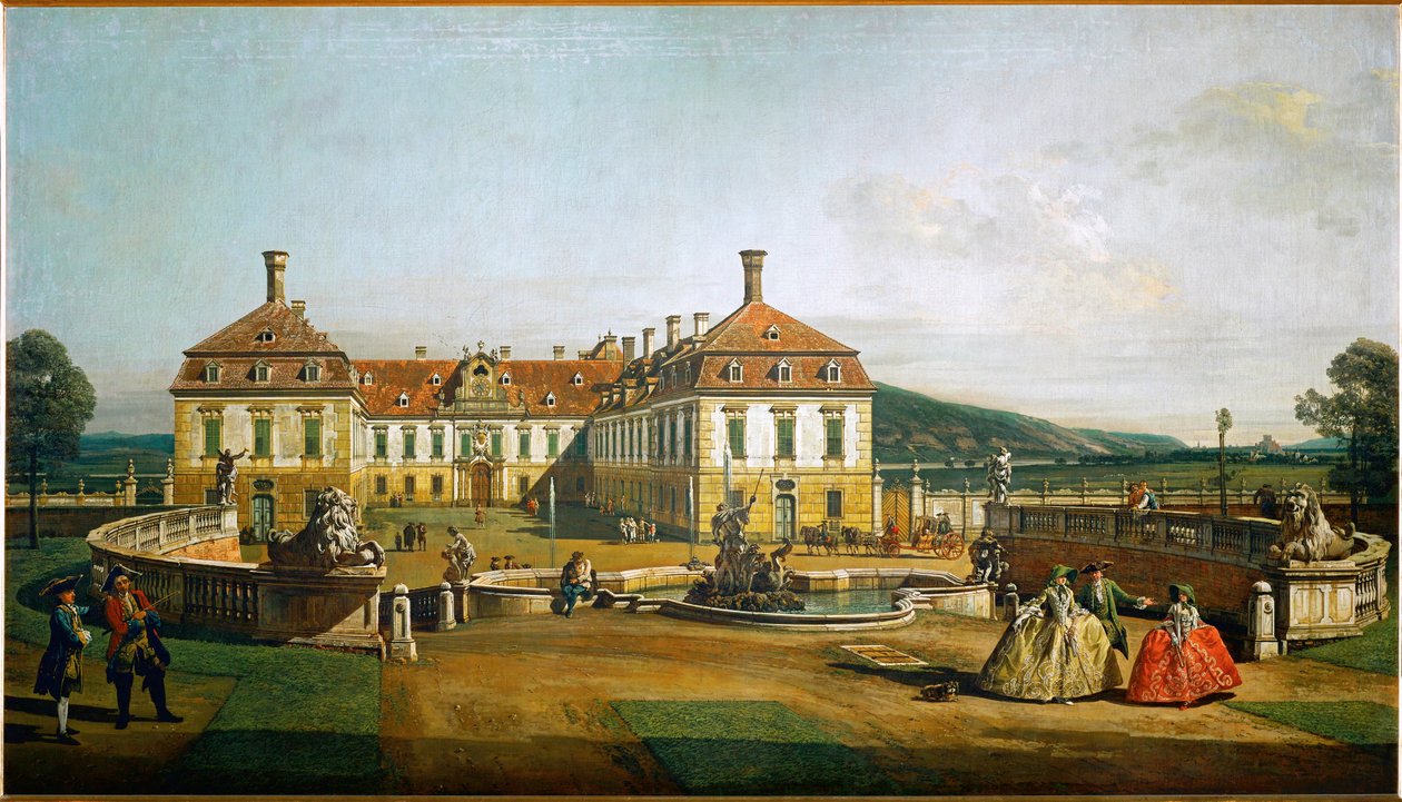 Slottet Schlosshof, Österrike, sett från trädgården, byggt av prins Eugen av Savoyen ... (olja på duk) av Bernardo Bellotto