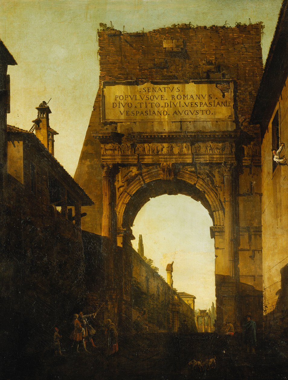 Titusbågen, Rom, med muren och porten till Farnese-trädgårdarna och templet Castor och Pollux bortom, två turister i förgrunden, av Bernardo Bellotto