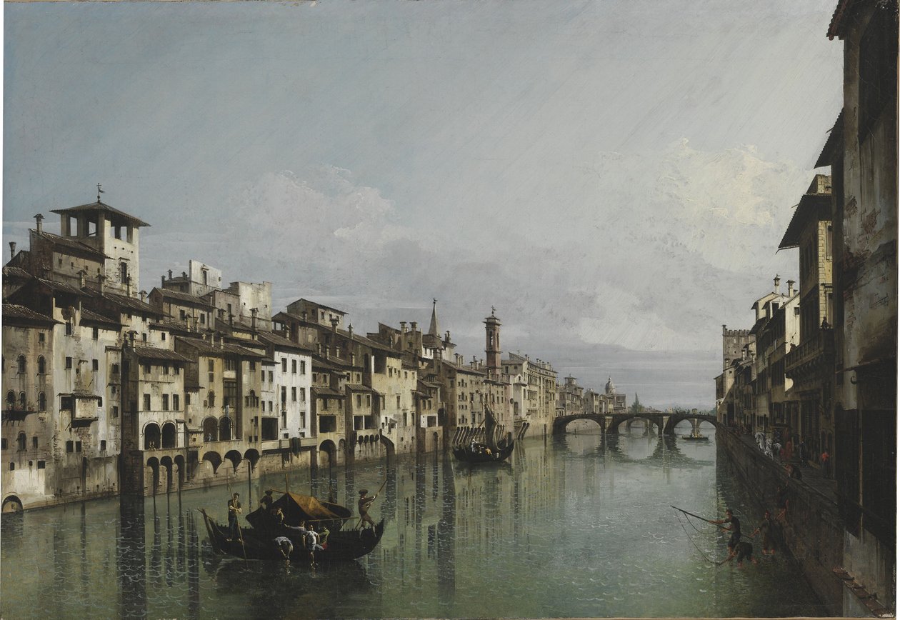 Arno mellan Ponte Vecchio och Ponte Santa Trinità, Florens, 1740. av Bernardo Bellotto