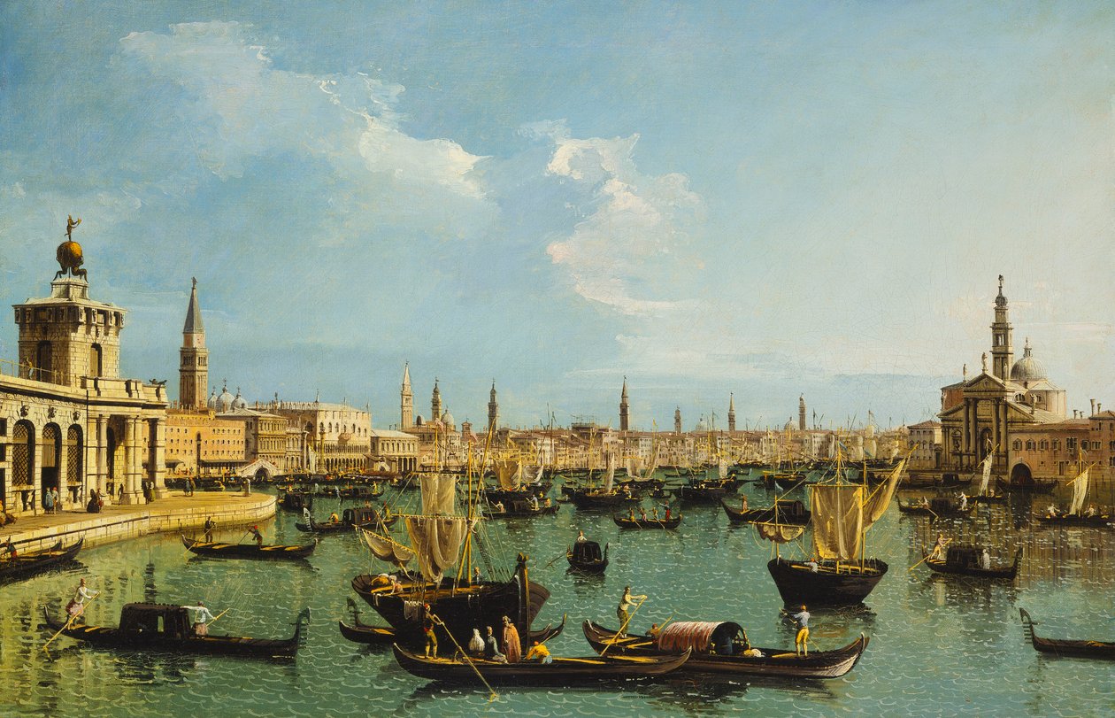 Bacino di San Marco, Venedig, från Giudecca-kanalen med Dogana, Molo, Riva degli Schiavoni, kyrkan San Giorgio Maggiore och många båtar, av Bernardo Bellotto