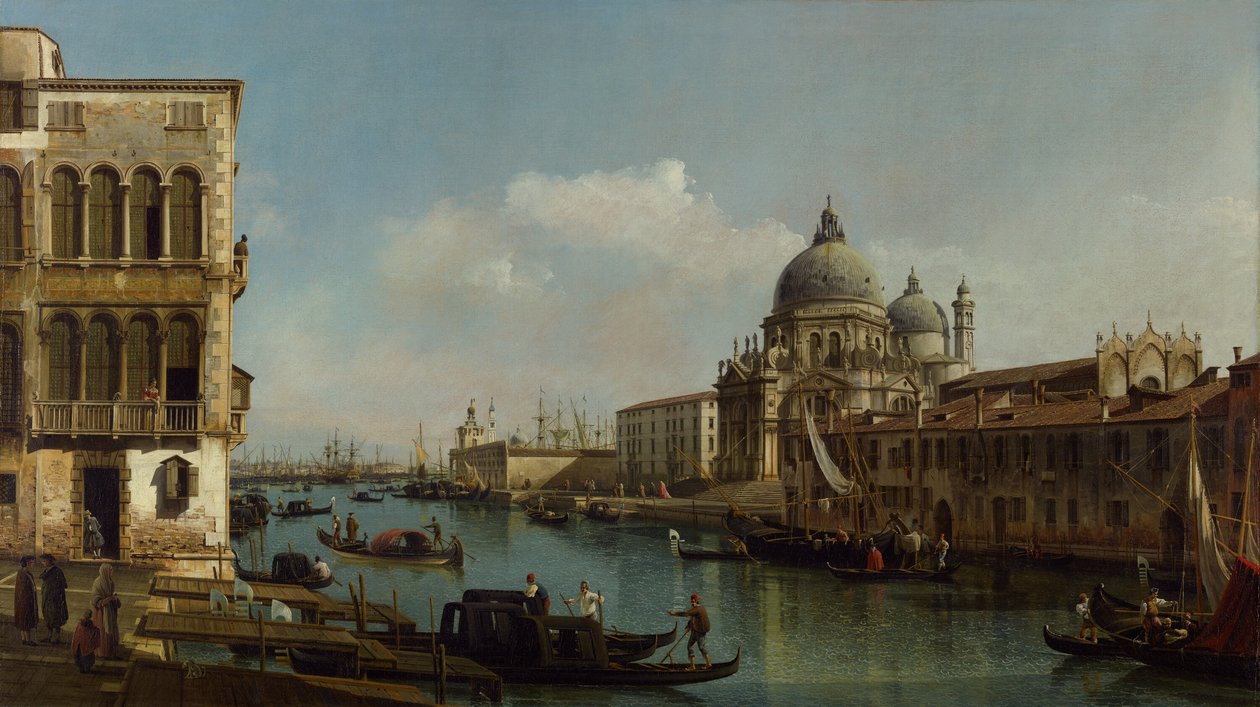 Utsikt över Canal Grande: Santa Maria della Salute och Dogana från Campo Santa Maria Zobenigo, ca 1743 (olja på duk) av Bernardo Bellotto
