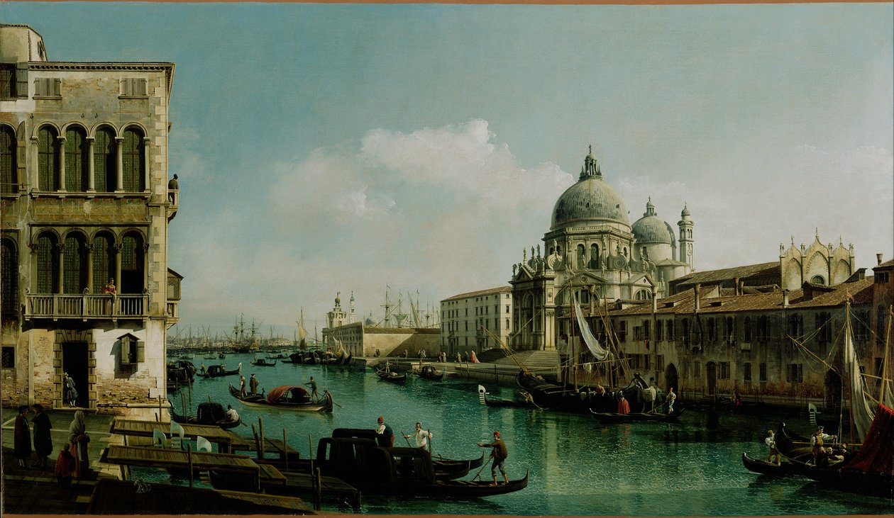 Utsikt över Canal Grande: Santa Maria della Salute och Dogana från Campo Santa Maria Zobenigo av Bernardo Bellotto
