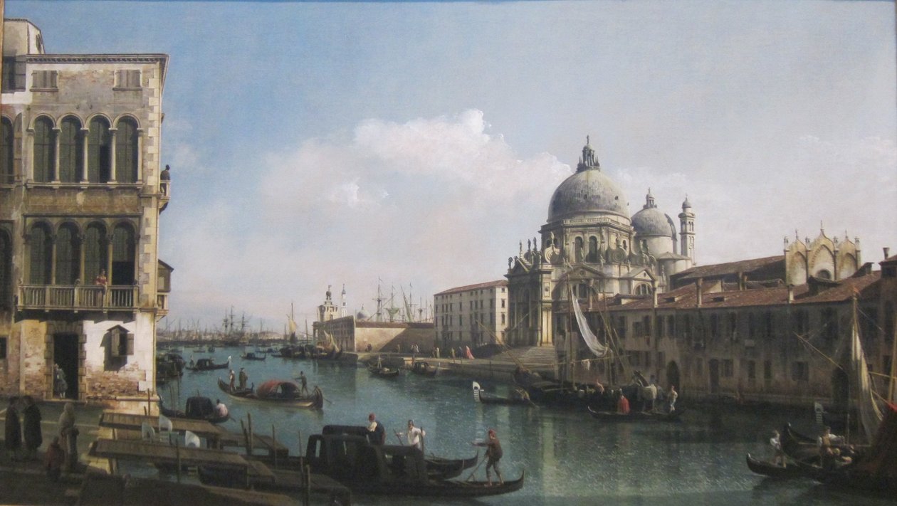 Utsikt över Canal Grande: Santa Maria della Salute och Dogana från Campo Santa Maria Zobenigo av Bernardo Bellotto