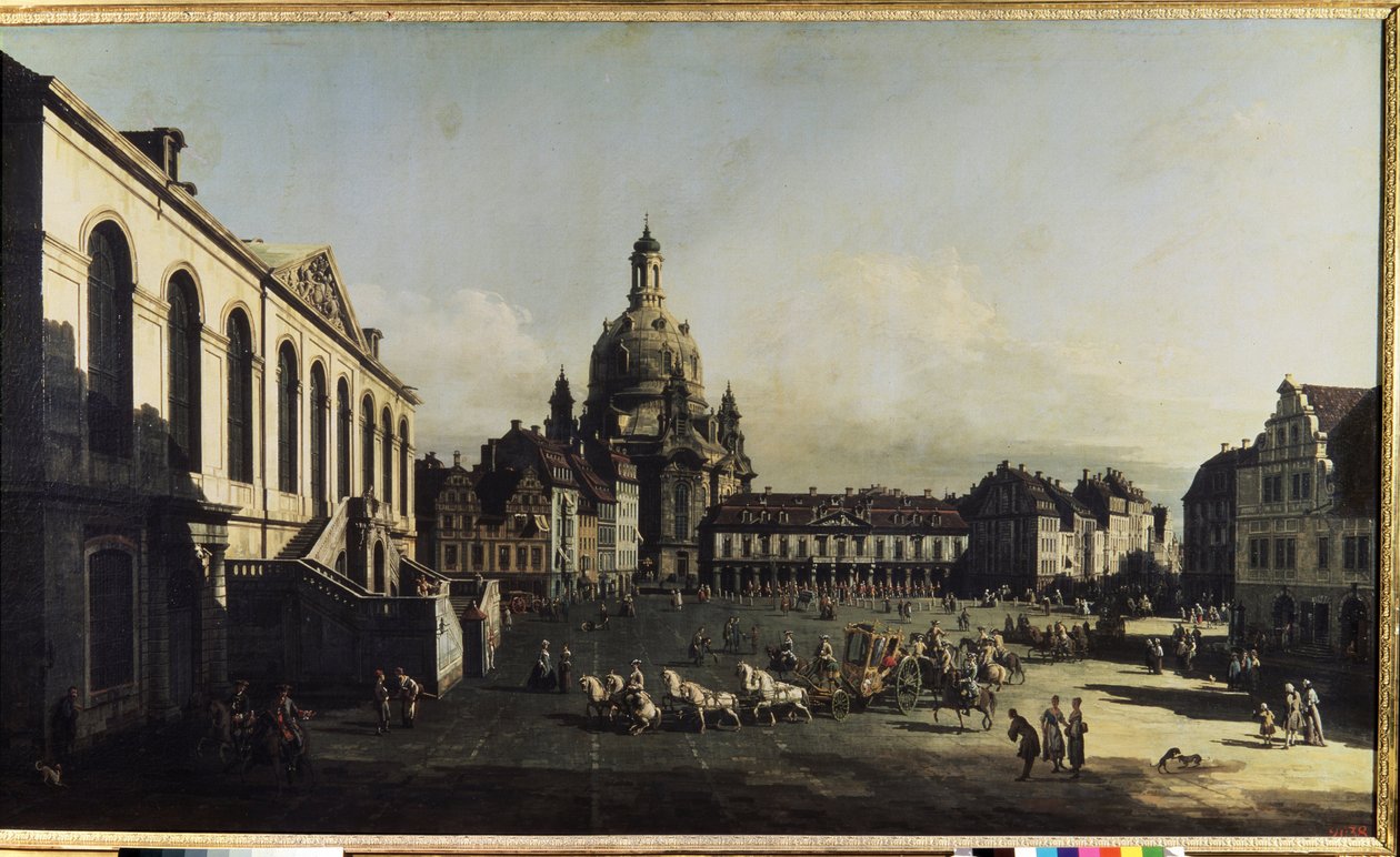 ""Utsikt över det nya marknadstorget i Dresden"" (Neumarkt i Dresden) Vi kan se Vårfrukyrkan (Notre-Dame) (Frauenkirche) Målning av Bernardo Bellotto (1720-1780) 1747 Dim. 134x236 cm Museum of the 