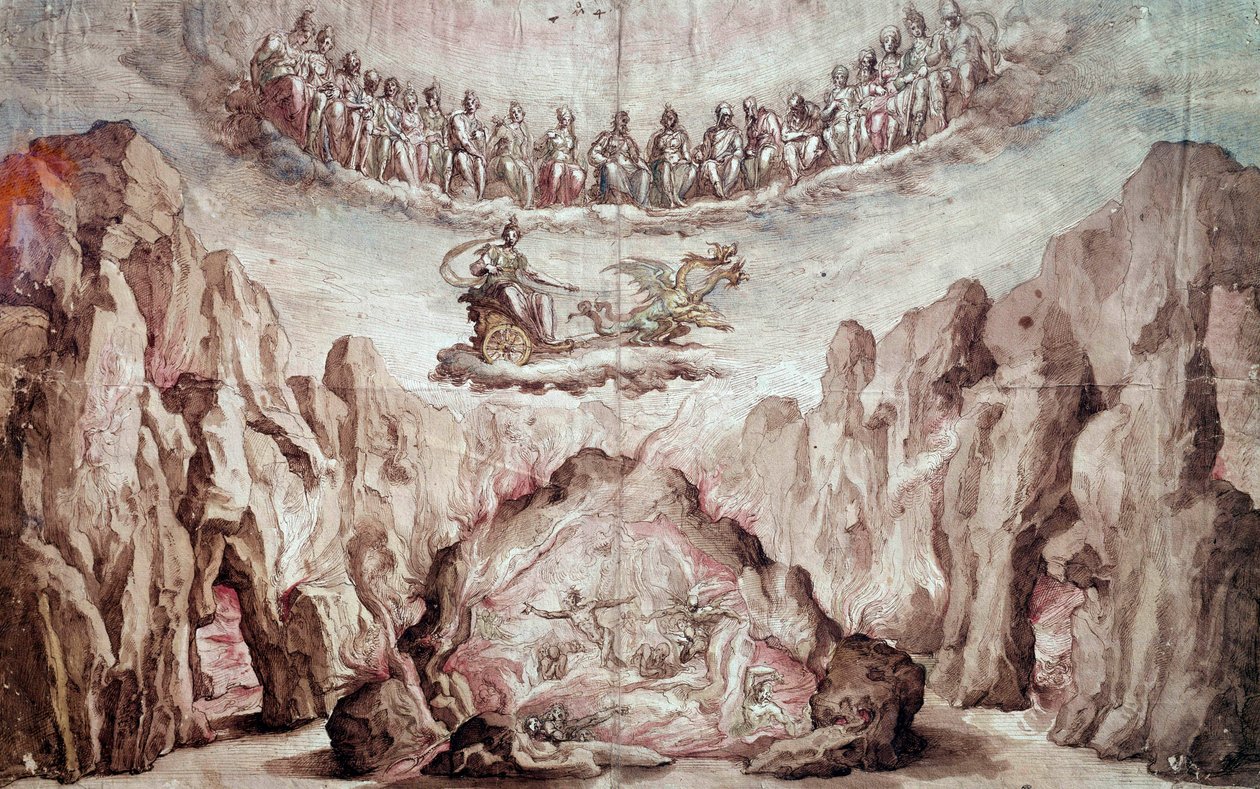Projekt för inredning och maskineri av en mellanprodukt, Le Tromphe de Circe. Teckning av Bernardo Buontalenti dit delle Girandole (ca 1523-1608) sön 0,46x0,72 m. Paris, Louvren av Bernardo Buontalenti