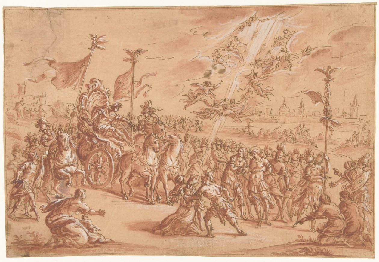 En helig biskop knäböjer vid sidan av processionen av en romersk imperator av Bernardo Castello (attributed to)