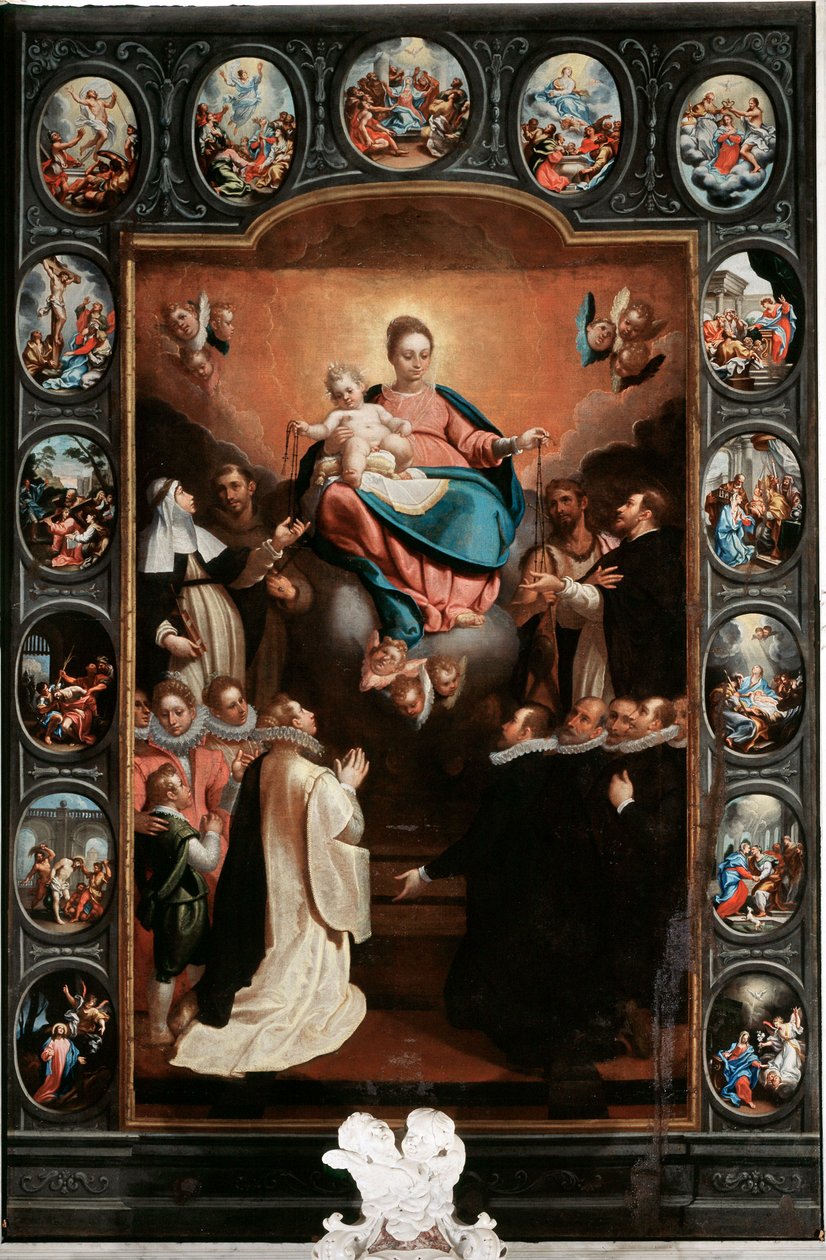 Jungfru med barn och radbandets mysterier - Målning av Bernardo Castello (1557-1629) (mitten) och Paolo Gerolamo Piola (1666-1724) Santa Margherita Ligure, Santa Margherita-kyrkan, Italien av Bernardo Castello