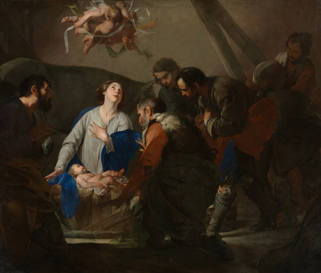 Tillbedjan av herdarna, c.1650 av Bernardo Cavallino