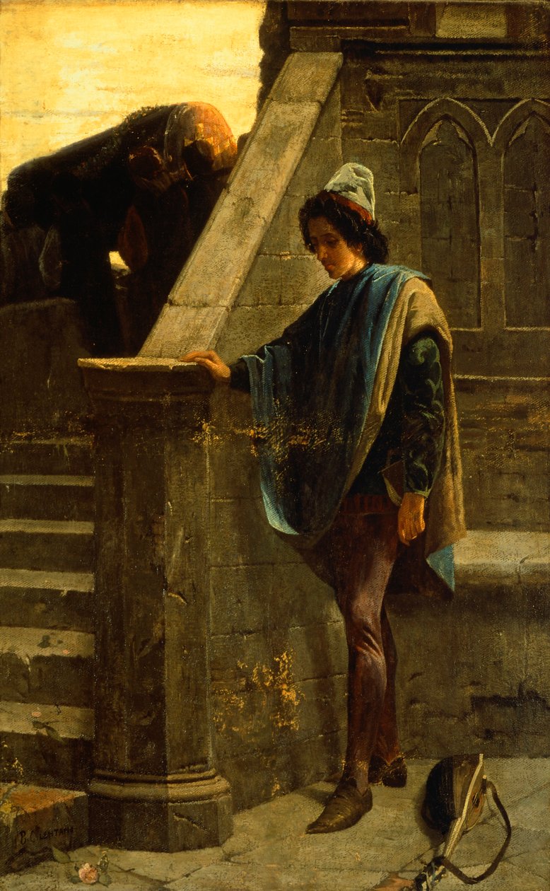 The minstrel, av Bernardo Celentano (1835-1863), olja på duk, 63x46 cm, Palazzo San Giacomo, Neapel. av Bernardo Celentano