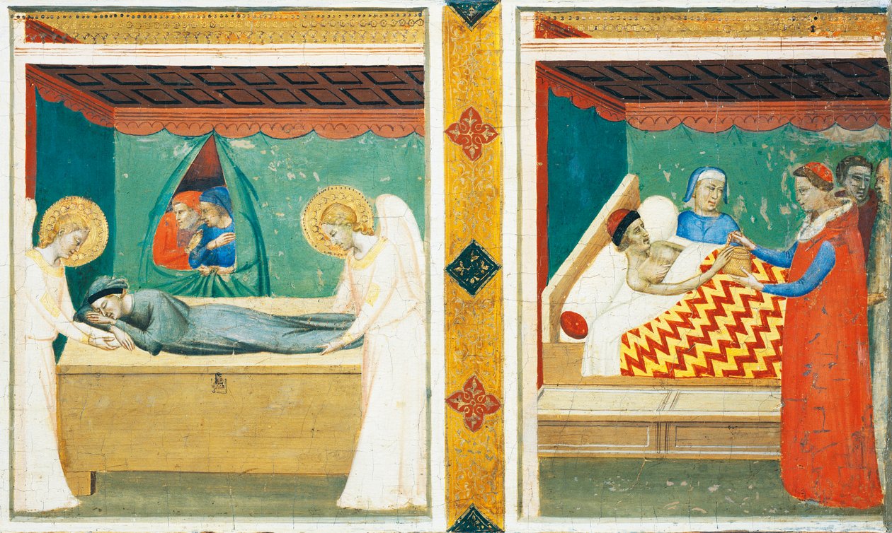 Predella of the Sacra Cintola (Heligt bälte), av Bernardo Daddi (1290-1348), Detalj med två brickor av Bernardo Daddi