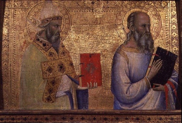 Saint Gregory the Great (ca 540-604) och oidentifierbart helgon (tempera på panel) av Bernardo Daddi