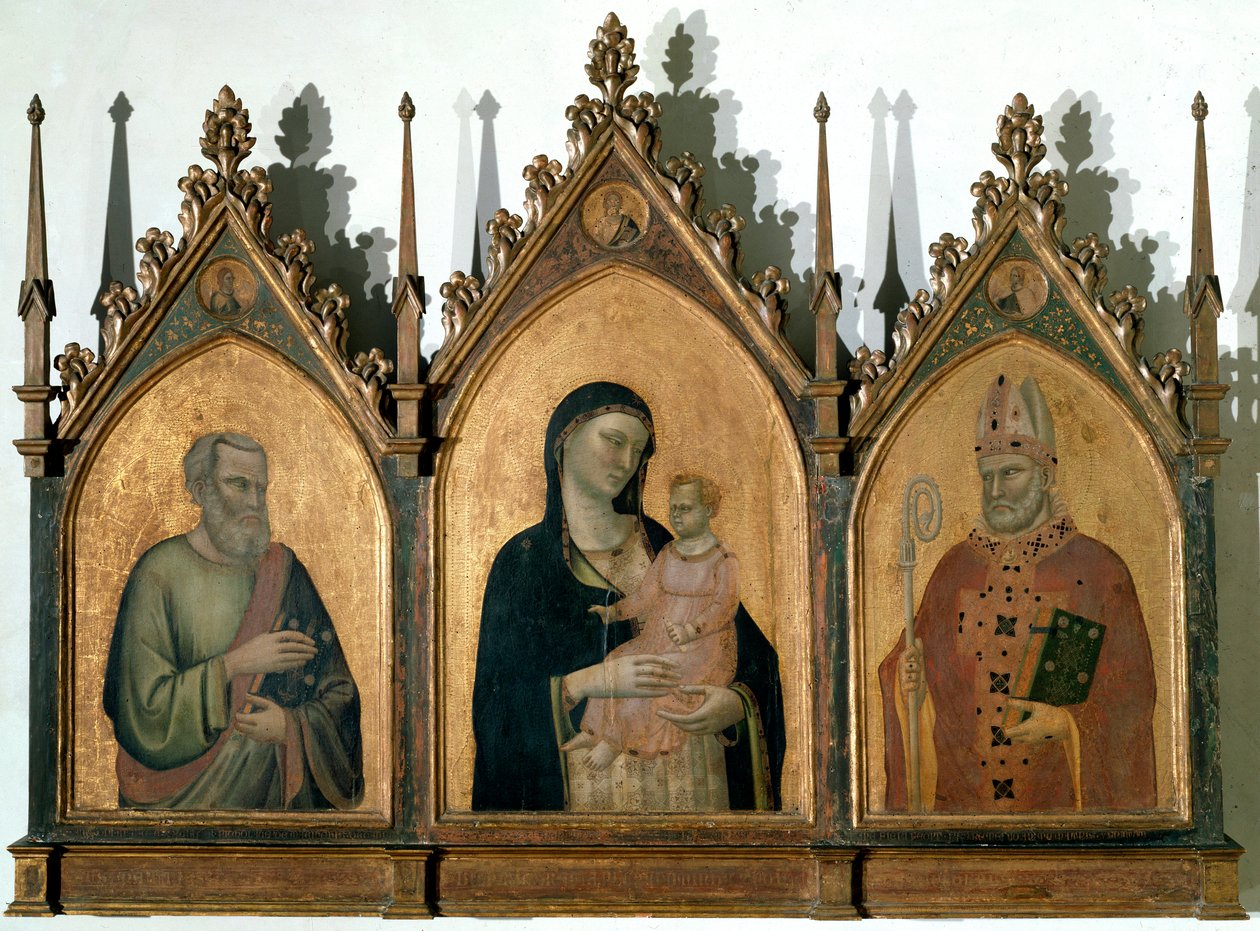 Triptyk av alla helgon eller Madonna med barn mellan St Matteus evangelisten och St Nicholas of Bari - Tempera på panel av Bernardo Daddi