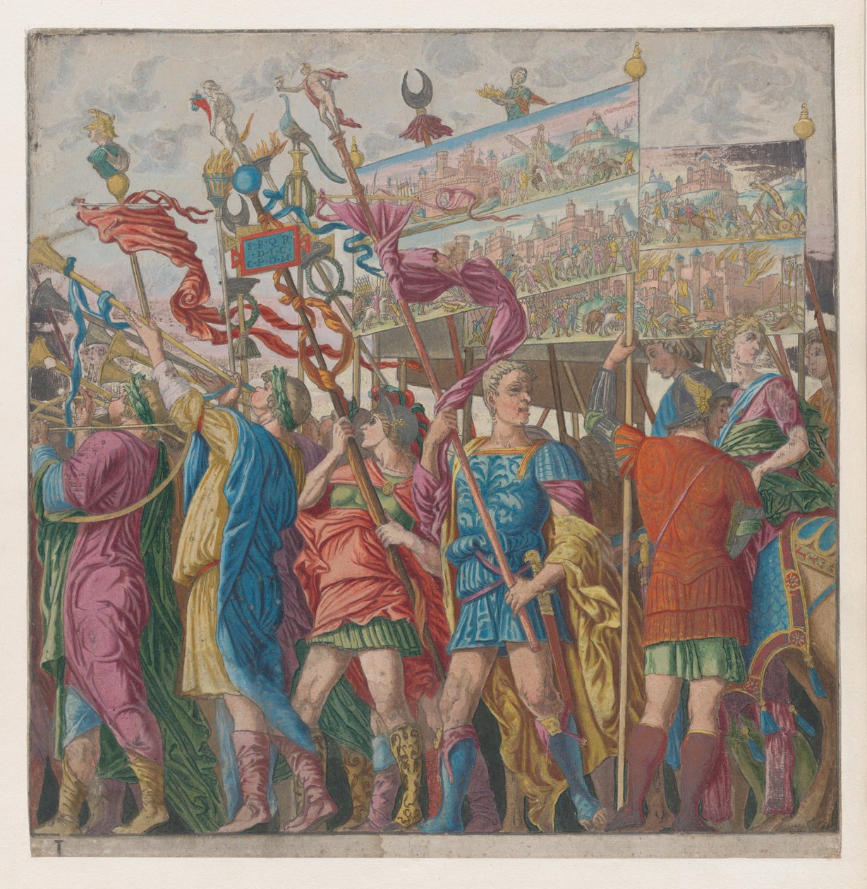 Blad 1: Soldater som bär banderoller som visar Julius Caesars triumferande militära bedrifter,..., 1599. av Bernardo Malpizzi