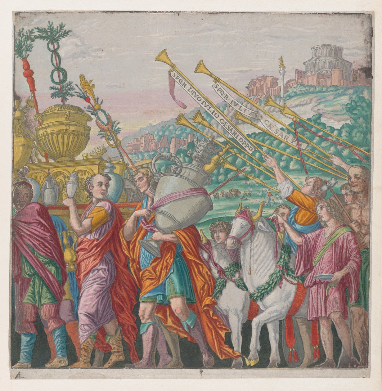 Blad 4: Män som bär troféer till vänster, trumpetare till höger, från The Triumph of Julius Ca..., 1599. av Bernardo Malpizzi