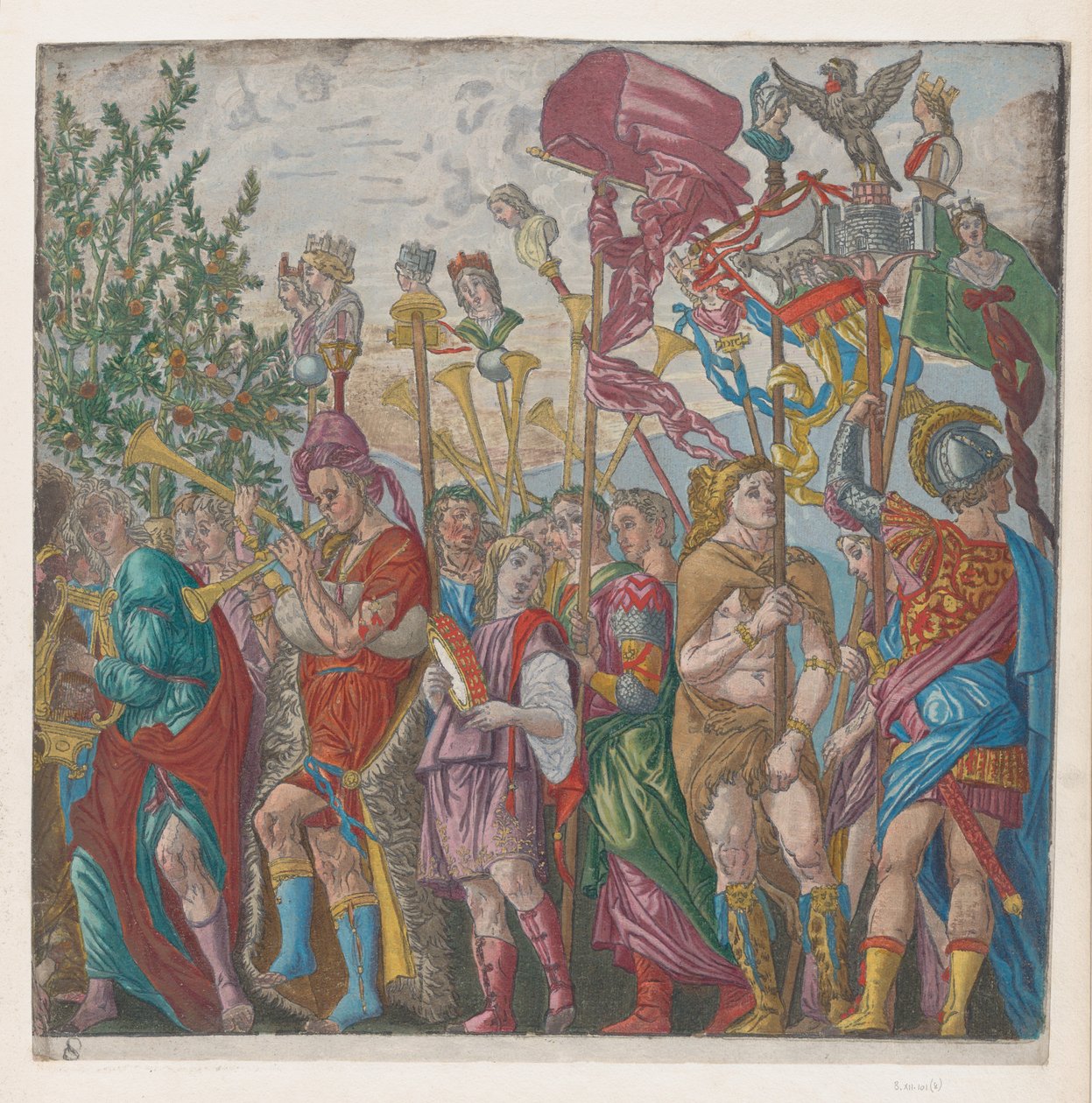Blad 7: procession av musiker och andra som håller standarder, från The Triumph of Julius ..., 1599. av Bernardo Malpizzi