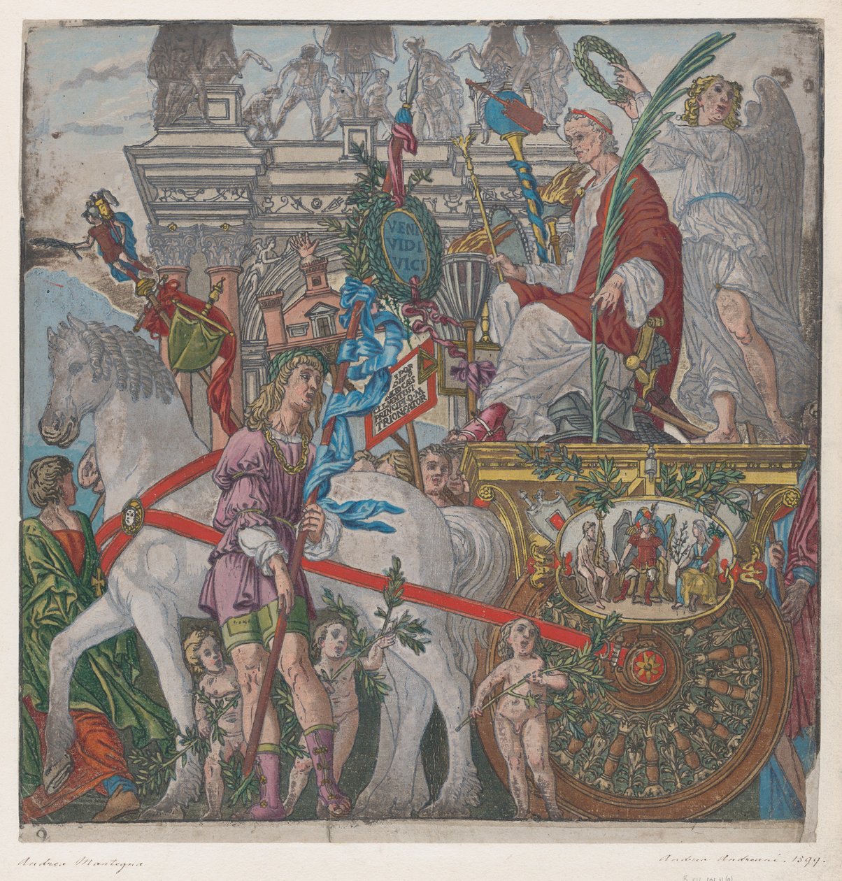 Blad 9: Julius Caesar i sin hästdragna vagn, från The Triumph of Julius Caesar, 1599. av Bernardo Malpizzi