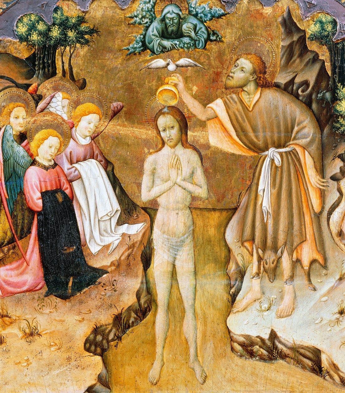Kristi dop, detalj från predellan till en altartavla från Vic-katedralen, av Bernat Martorell (ca 1400-1452), målad på trä. Katalansk gotisk konst. av Bernardo Martorell