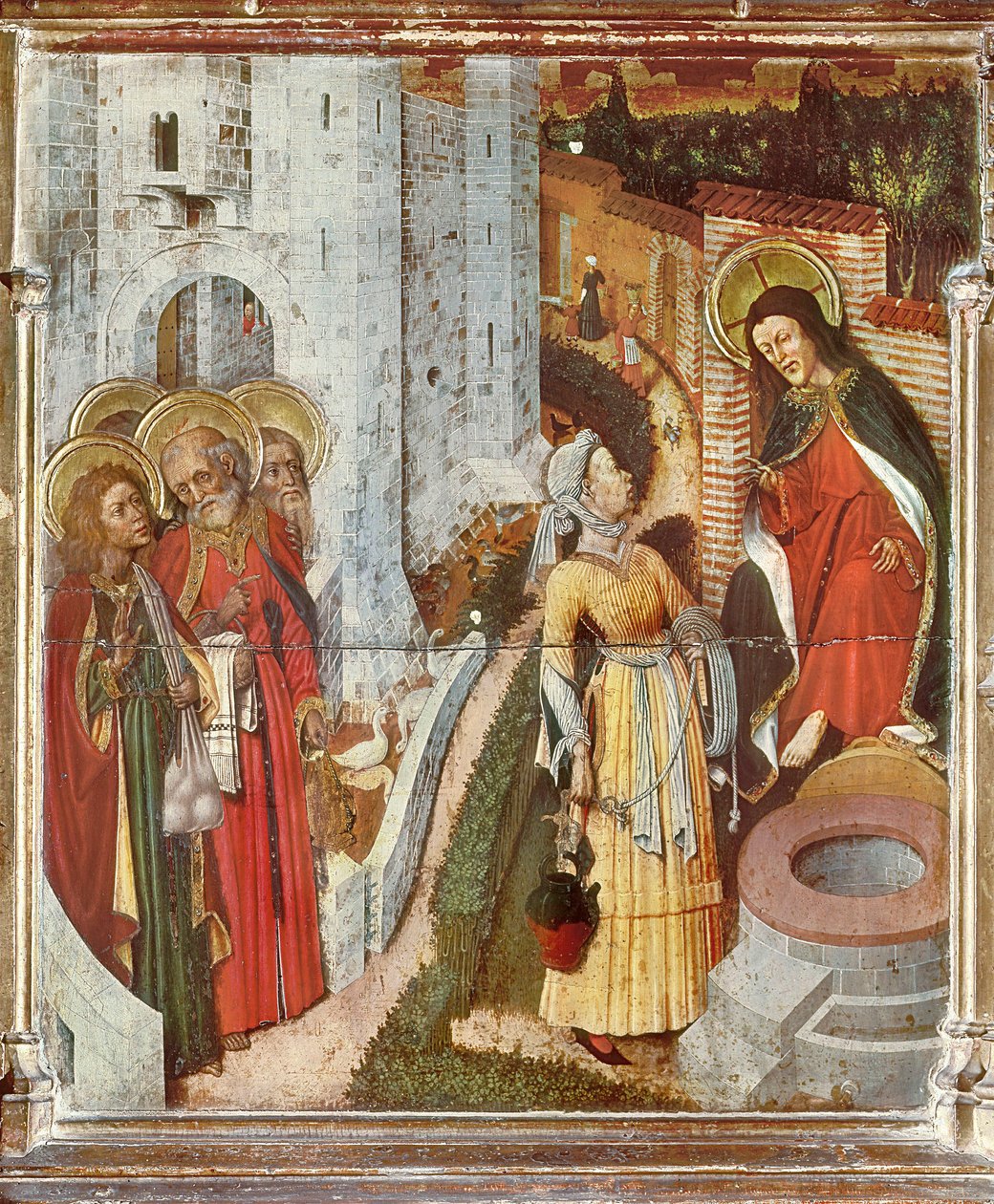 Jesus och samaritansk kvinna, detalj från Transfiguration Altarpiece, cirka 1445 (målning på trä) av Bernardo Martorell