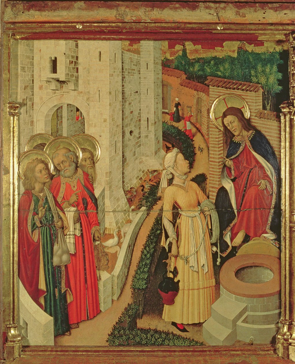 Jesus och kvinnorna i Samaria, från förvandlingens altartavla, pradellapanel av Bernardo Martorell