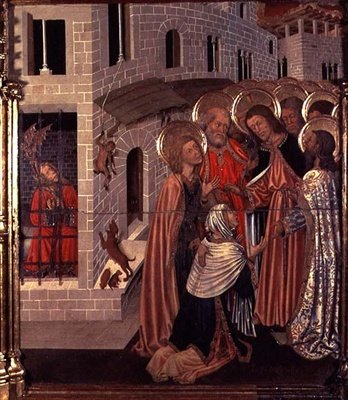 Healing of the Possessed, predella panel från förvandlingens altartavla av Bernardo Martorell