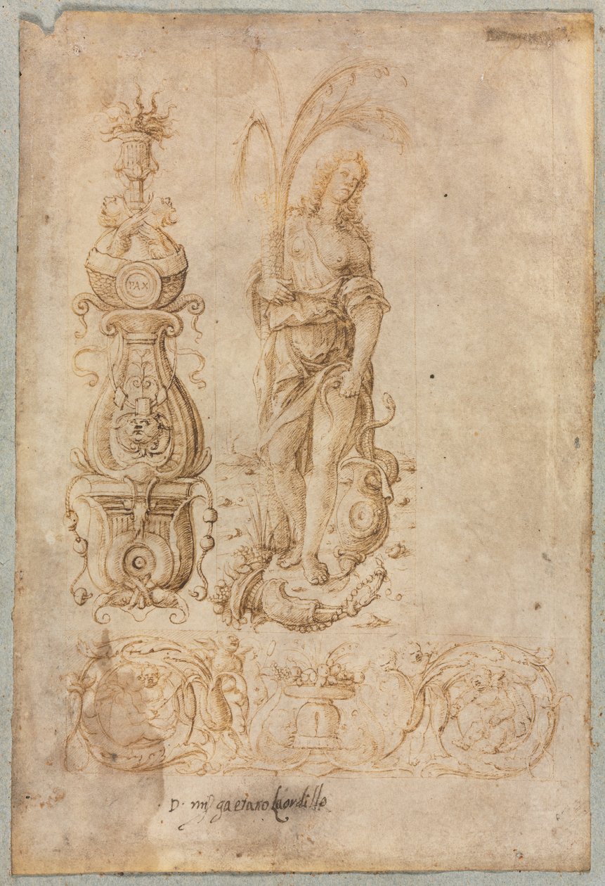 Design för en kandelaber, allegorisk figur av överflöd, dekorativ reliefdesign, ca. 1490-talet. av Bernardo Parentino