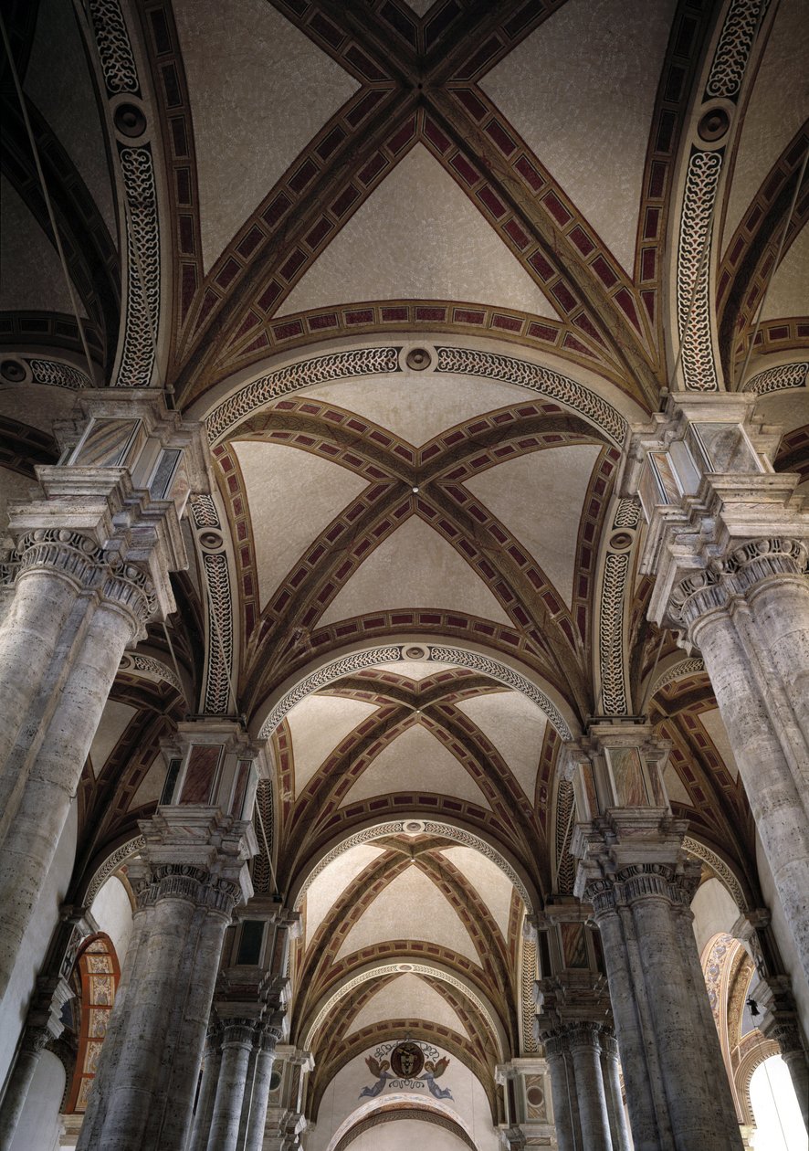 Utsikt över valven i mittskeppet i kyrkan Pienza projicerad av Bernardo Rossellino av Bernardo Rossellino